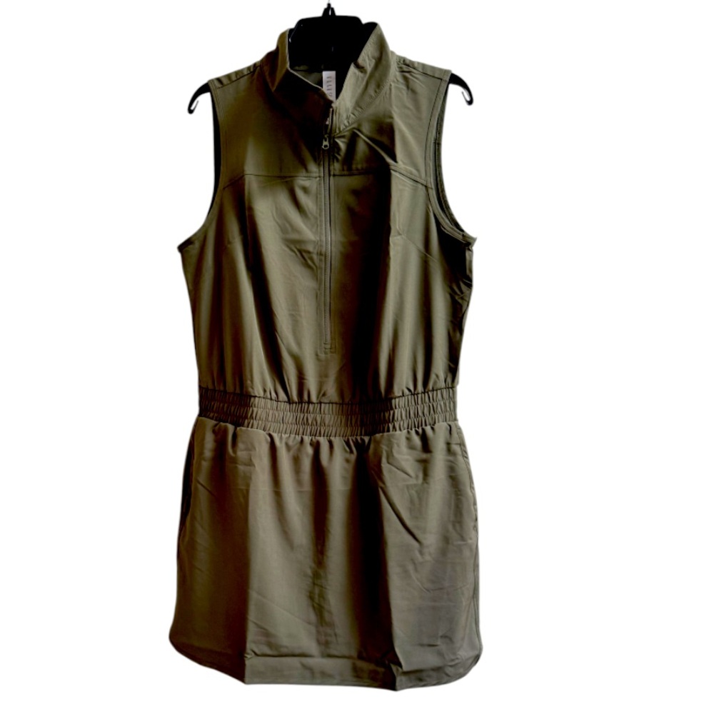 Elle Sports Sleeveless Olive Green Dress Inbuilt Shorts Side Pockets